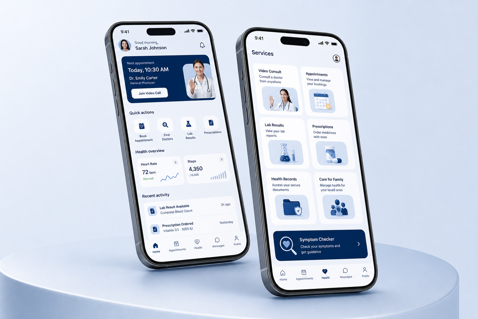 MyDoctor24 app screens showing appointments, prescriptions, services, and records