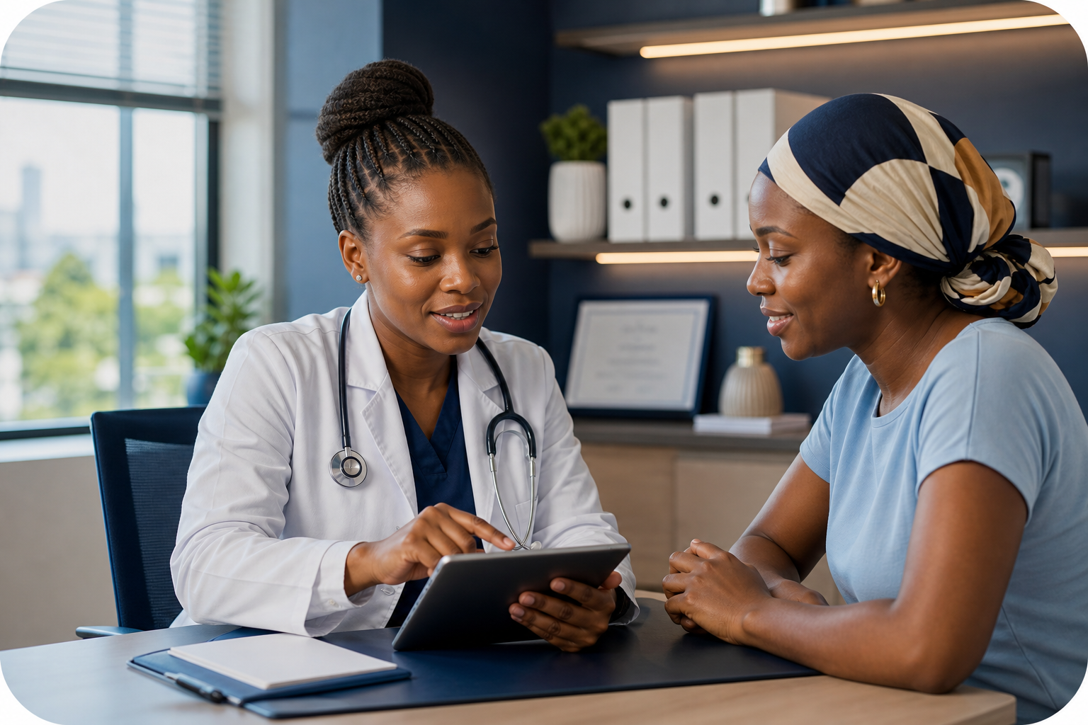 Black healthcare professional guiding a patient through connected care